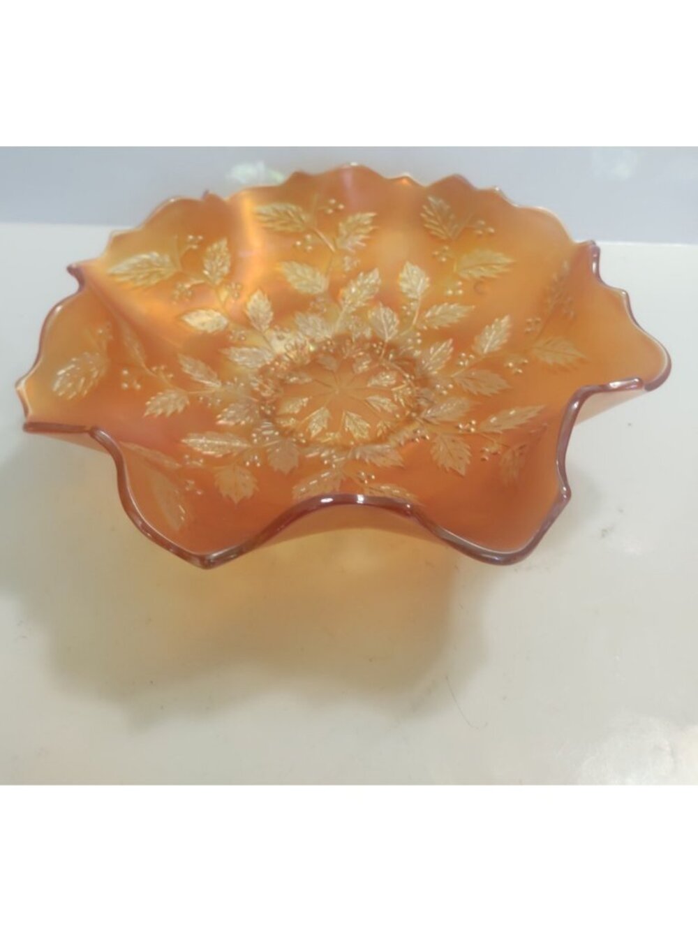 Atique Fenton "Holly" pattern marigold carnival glass bowl 9 1/4" 1920's